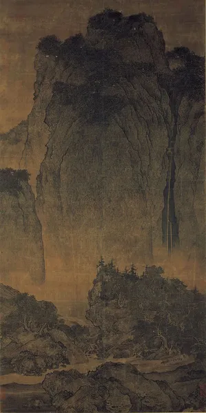 Travelers among Mountains and Streams, ink and slight color on silk, dimensions of 6¾ ft x 2½ ft. National Palace Museum, Taipei