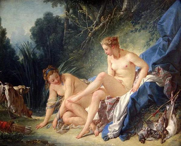 François Boucher: Diane sortant du bain (“Diana leaving her Bath”); 1742; 57 × 73 cm (22.4 × 28.7 in); Louvre Museum; Department of Paintings, Sully, 2nd floor, room 38.