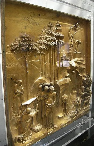 Angled view of a panel with the story of Abraham from the Florence Gates of Paradise (Photo taken 5 June 2009 by sailko)