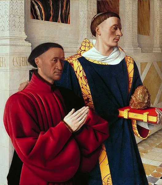 Jean Fouquet: Left wing of "Melun Diptych" depicts Etienne Chevalier with his patron saint St. Stephen
