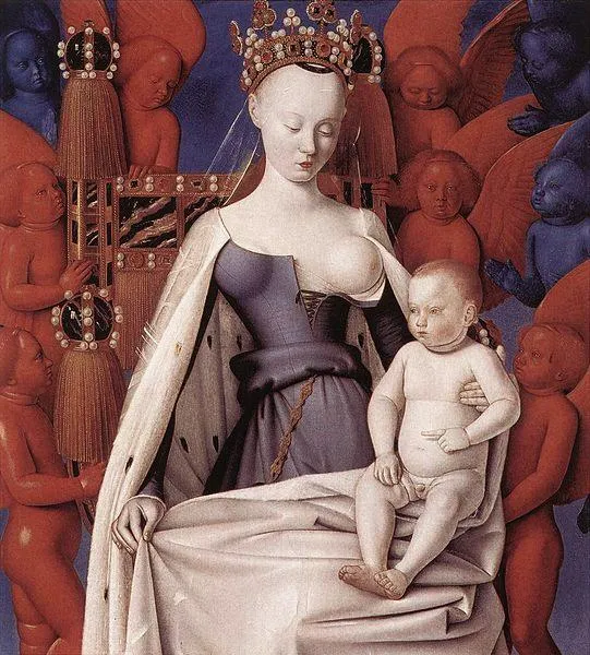 Jean Fouquet: Right wing of Melun Diptych; Virgin and Child Surrounded by Angels, showing Charles VII’smistress Agnès Sorel (c.1450) Wood, 93 x 85 cm, Royal Museum of Fine Arts, Antwerp.