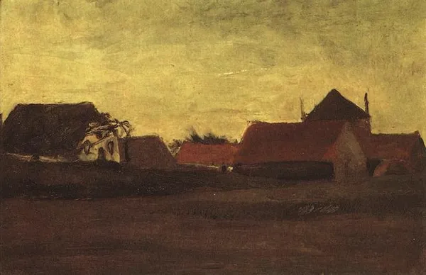 Vinent van Gogh: Farmhouses in Loosduinen near The Hague at Twilight (1881) van Gogh Gallery