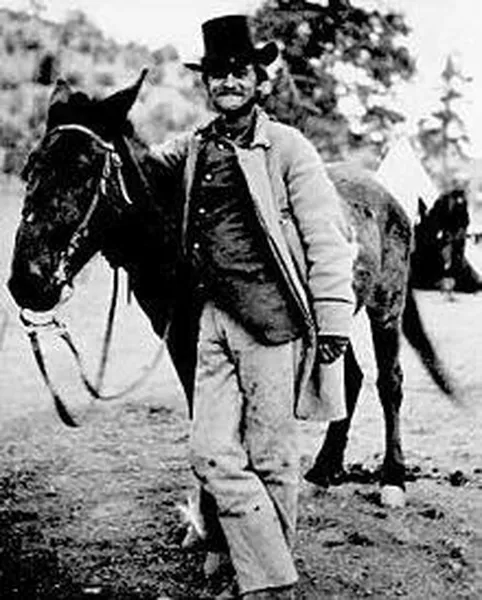 Frederick Wadsworth Loring in his campaign costume with his mule, "Evil Merodach". Photo was taken about forty-eight hours before the massacre.