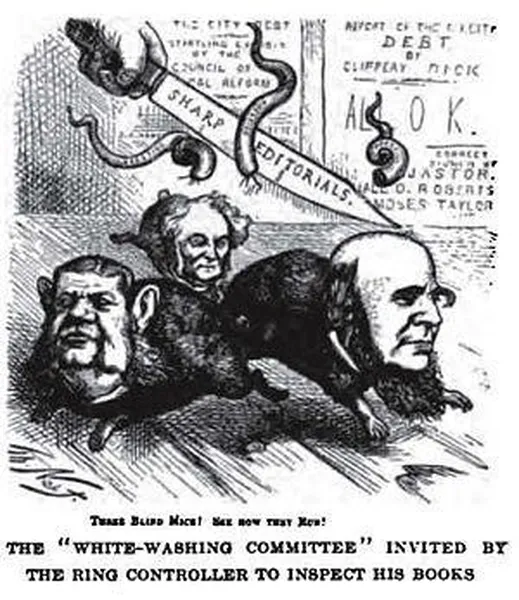 Thomas Nast cartoon of the "White-washing Committee"John Jacob Astor, Marshall O. Roberts, Moses Taylor