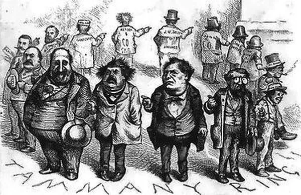 Thomas Nast depicts the Tweed Ring: "Who stole the people's money?" / "'Twas him."
