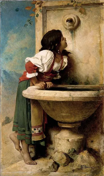 Léon Bonnat: Roman Girl at a Fountain (1875). Oil on canvas; 170.2 cm (67″) x 100.3 cm (39.4″); Metropolitan Museum of Art
