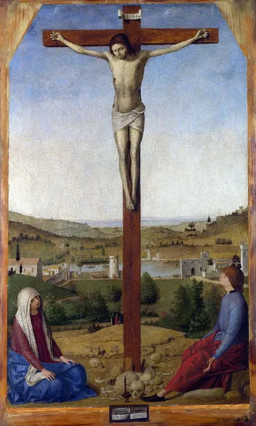Antonello da Messina: Crucifixion (1475; Oil on wood; 42 cm × 25.5 cm [17 in × 10.0 in]; National Gallery London, UK)