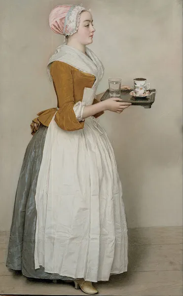 Nandl Baldauf, la belle chocolatière (1743/44). Pastel on parchment, 82.5 cm × 52.5 cm (32.5 in × 20.7 in), Gemäldegalerie Alte Meister, Dresden. The pastel by Liotard was sold eventually sold by Algarotti to Dresden.