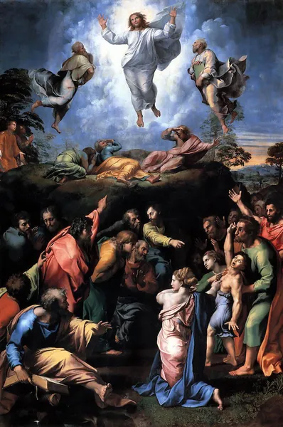 Raphael: The Transfiguration (1516–20); Tempera on wood; 405 cm × 278 cm (159 in × 109 in); Pinacoteca Vaticana, Vatican City