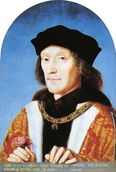 Portrait of King Henry VII holding a Tudor Rose, wearing collar of the Order of the Golden Fleece, dated 1505, by unknown artist, National Portrait Gallery, London (NPG 416).