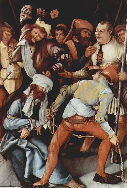 Matthias Grünewald: The Mocking of Christ (1503-1505); oil on panel, 	109 × 74.3 cm (42.9 × 29.3 in); Alte Pinakothek