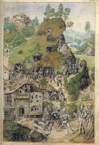 Venus and Mars, drawing with watercolour from the "Housebook", with a mine in the background.