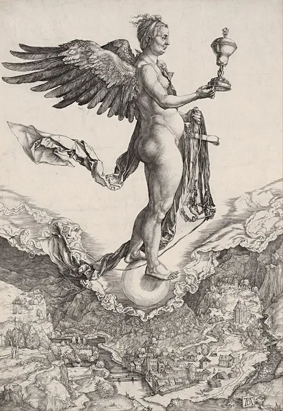Albrecht Dürer: Nemesis (c. 1501). Engraving, 322 mm (12.68 in) x 230 mm (9.06 in); National Gallery of Victoria, Melbourne