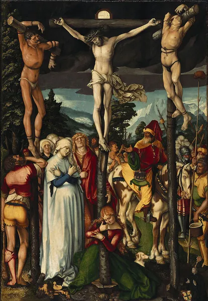 Hans Baldung: The Crucifixion of Christ (1512); oil on basswood; 151 cm (59.4 in) x 104 cm (40.9 in). Gemäldegalerie, Berlin.