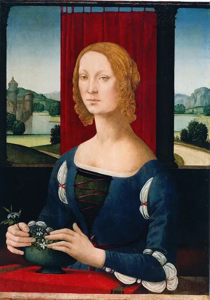 Lorenzo di Credi : La dama dei gelsomini, presumed portrait of Caterina Sforza. (c. 1481-1483; oil on canvas; 75 × 54 cm [29.5 × 21.3 in]; Pinacoteca Civica di Forlì, Italy)