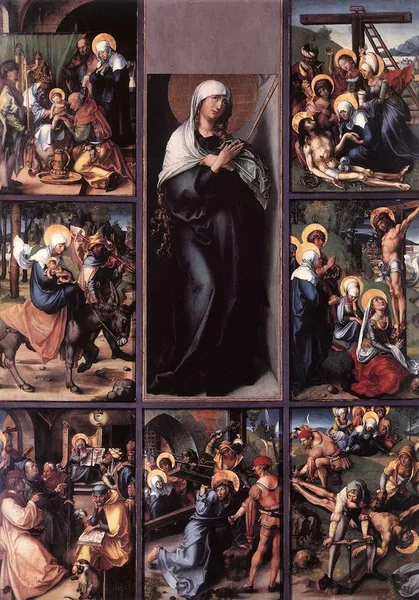 Seven Sorrows Polyptych, c. 1500; Oil on panel; 189 cm × 138 cm (74 in × 54 in); Alte Pinakothek, Munich, and Gemäldegalerie Alte Meister, Dresden.