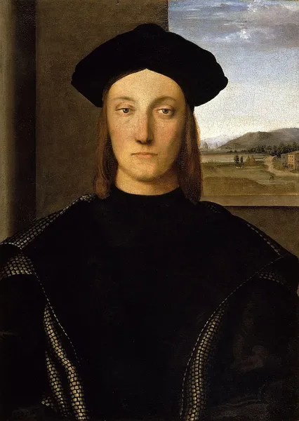 Raphael: Guidobaldo da Montefeltro (circa 1507); oil on panel 71 cm (27.9 ″) x 50 cm (19.6 ″). Uffizi Gallery.