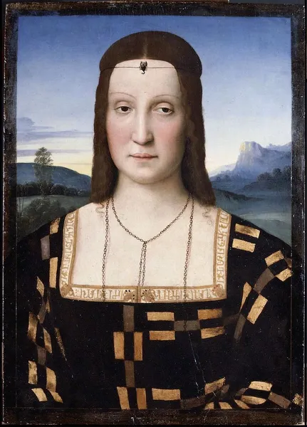 Raphael: Portrait of Elisabetta Gonzaga (circa 1504–1505); oil on panel  52.5 cm (20.6 ″) x 37.3 cm (14.6 ″); Uffizi Gallery
