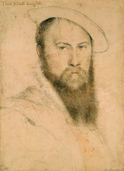 Hans Holbein the Younger: Portrait of Sir Thomas Wyatt (c. 1535–37). Black and colored chalks, pen and ink on pink-primed paper, 37.3 × 27.2 cm, Royal Collection, Windsor Castle.