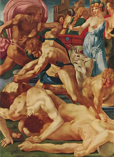 Rosso Fiorentino: Moses Defending the Daughters of Jethro (c.1523); oil on canvas; 160 × 117 cm (63 × 46.1 in); Uffizi Gallery, Florence.