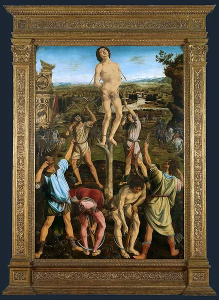 Piero del Pollaiolo: Martyrdom of Saint Sebastian (after 1475; oil on canvas; 291.5 cm × 202.6 cm [114.8 in × 79.8 in]; National Gallery, London)