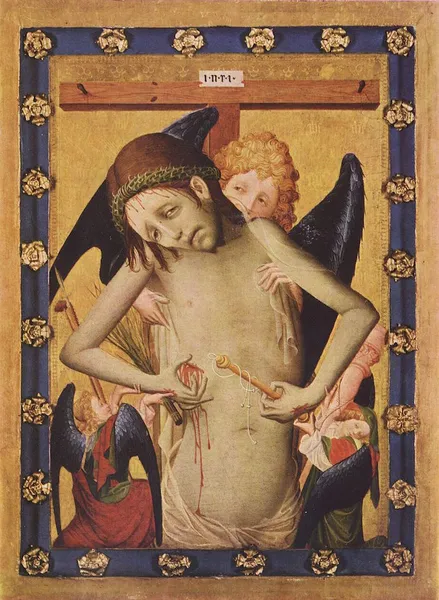 Der Schmerzensmann (circa 1430;tempera on oak; 42.5 × 31.3 cm (16.7 × 12.3 in);Museum der bildenden Künste (The Yorck Project: 10.000 Meisterwerke der Malerei.)