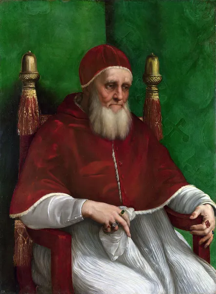 Raphael: Portrait of Pope Julius II (1511); oil on poplar wood, 108.7 × 81 cm (42.8 × 31.9 in) National Gallery