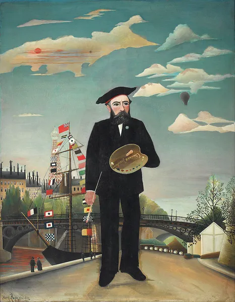 Henri Rousseau: Myself: Portrait – Landscape (1890); oil on canvas 146 cm (57.4 ″) x 113 cm (44.4 ″); National Gallery in Prague.