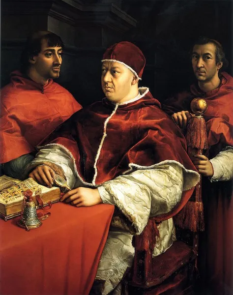 Raphael: Portrait of Pope Leo X and his cousins, cardinals Giulio de' Medici and Luigi de' Rossi (between 1518 and 1519); oil on panel; 154 × 119 cm (60.6 × 46.9 in); Uffizi Gallery.