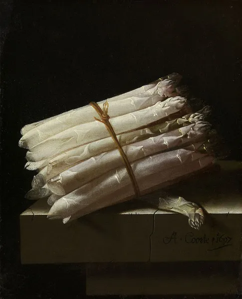 Adriaen Coorte: Asparagus (1697), oil on paper mounted on panel; 25 cm (9.8 in) x 20.5 cm (8.1 in); Rijksmuseum, Amsterdam