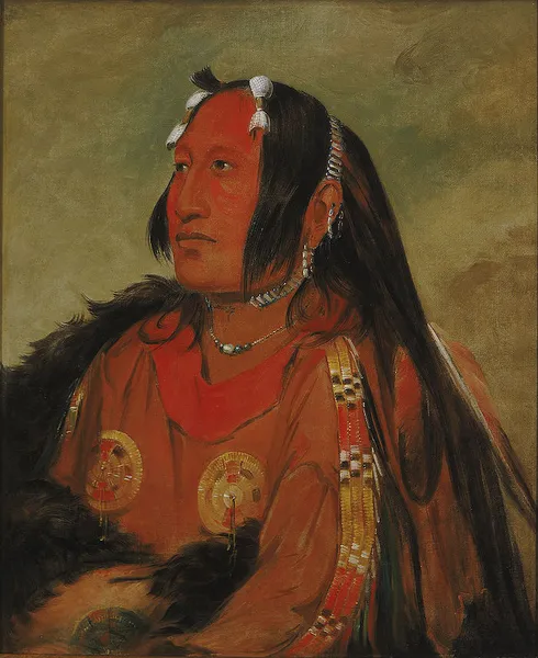 George Catlin: Wi-jún-jon, Pigeon's Egg Head (The Light), a Distinguished Young Warrior (1831), oil on canvas
73.6 cm (29 ″) x 60.9 cm (24 ″); Smithsonian American Art Museum. Catlin painted this subject at three different points in his life: young (this painting), then before and after the subject visited Washington, D.C. The warrior was ostracized by his tribe after he returned from Washington.