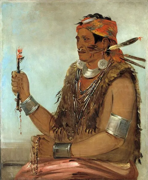 George Catlin's Ten-sqúat-a-way, The Open Door, Known as The Prophet, Brother of Tecumseh. “The ‘Shawnee Prophet,’ is perhaps one of the most remarkable men, who has flourished on these frontiers for some time past. This man is brother of the famous Tecumseh, and quite equal in his medicines or mysteries, to what his brother was in arms; he was blind in his right eye, and in his right hand he was holding his ‘medicine fire,’ and his ‘sacred string of beads’ in the other. With these mysteries he made his way through most of the North Western tribes, enlisting warriors wherever he went, to assist Tecumseh in effecting his great scheme, of forming a confederacy of all the Indians on the frontier, to drive back the whites and defend the Indians’ rights; which he told them could never in any other way be protected . . . [he] had actually enlisted some eight or ten thousand, who were sworn to follow him home; and in a few days would have been on their way with him, had not a couple of his political enemies from his own tribe... defeated his plans, by pronouncing him an imposter . . . This, no doubt, has been a very shrewd and influential man, but circumstances have destroyed him . . . and he now lives respected, but silent and melancholy in his tribe.” Records show that the Prophet was living west of the Mississippi by 1830, which suggests that Catlin painted this portrait at Fort Leavenworth (in today’s Kansas) on his earliest journey to the West. (Catlin, Letters and Notes, vol. 2, no. 49, 1841, reprint 1973; Truettner, The Natural Man Observed, 1979)