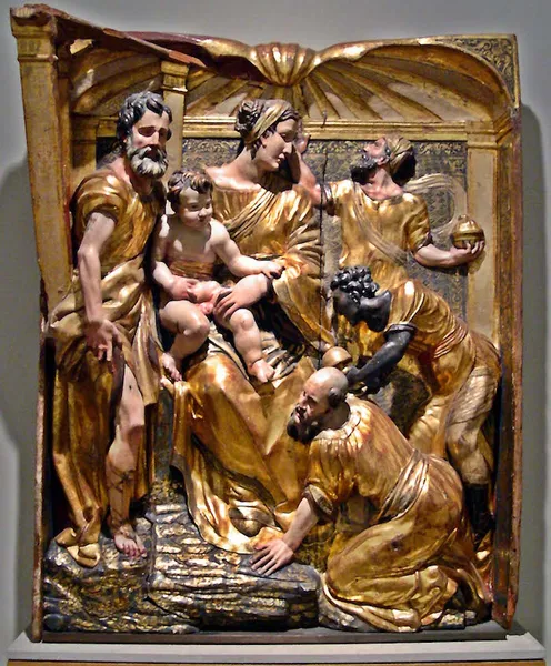 Alonso Berruguete: Worship of the Three Wise Men, sculpture in polychromed wood, part from the altarpiece of St. Benedict monastery, in Valladolid, Spain.