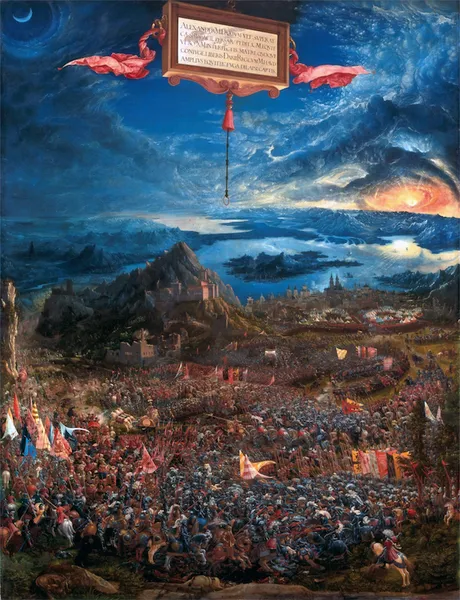 Albrecht Altdorfer: he Battle of Battle of Issus (Battle of Alexander) (1529) Oil on lime. 158.4 cm (62.4 in) x 120.3 cm (47.4 in).  Alte Pinakothek