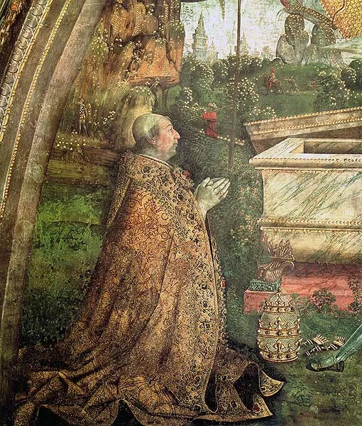 Detail of fresco Resurrection in the Borgia Apartment showing Alexander VI (Borgia) in prayer painted by Pinturicchio