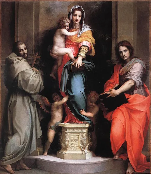Andrea del Sarto: Madonna of the Harpies (1517); oil on panel, 208 cm (81.9 in). Width: 178 cm (70.1 in); Uffizi Gallery