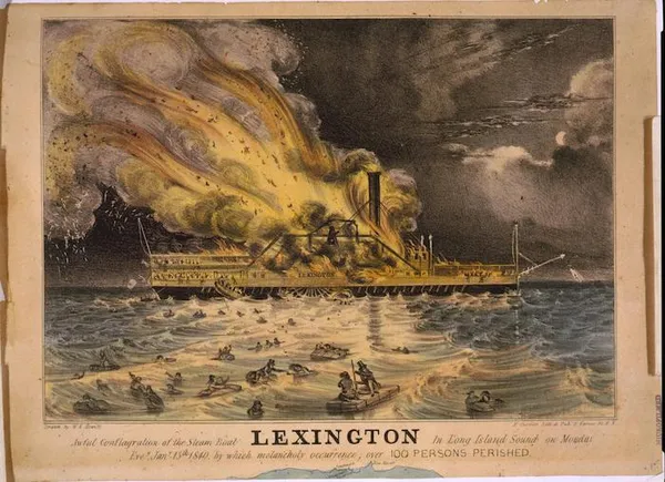 Awful conflagration of the steam boat Lexington in Long Island Sound on Monday eveg., Jany. 13th 1840, by which melancholy occurence; over 100 persons perished. Courier lithograph documenting a news event, published three days after the disaster.(Library of Congress Prints and Photographs Division. http://hdl.loc.gov/loc.pnp/cph.3g03102), drawn by W.K. Hewitt; Nathaniel Currier. lithographer.