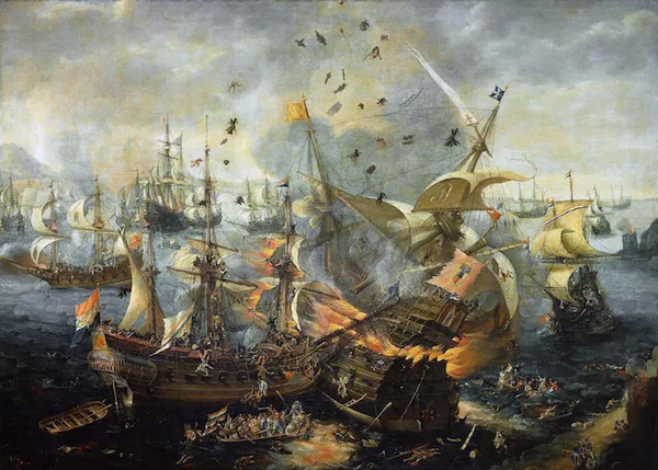 Cornelis Claesz van Wieringen  (Formerly attributed to Hendrik Cornelisz Vroom) : The Explosion of the Spanish Flagship during the Battle of Gibraltar, April 25 1607 (ca. 1621) Oil on canvas, 136.8 × 187 cm (53.86 × 73.62 in) Rijksmuseum Amsterdam