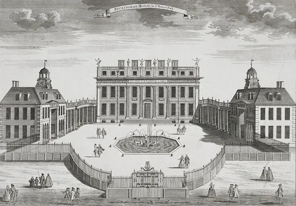 Buckingham House, c.1710, was designed by William Winde for the 1st Duke of Buckingham and Normanby. This façade evolved into today's Grand Entrance on the west (inner) side of the quadrangle, with the Green Drawing Room above.