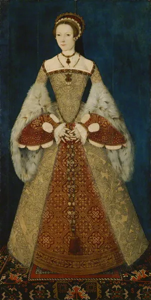 Master John: Catherine Parr, last and sixth wife of Henry VIII of England. Formerly thought to be Lady Jane Grey. (circa 1545); oil on panel; 180.3 × 94 cm (71 × 37 in); National Portrait Gallery