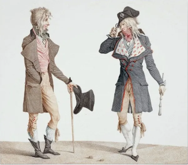 Carle Vernet: Two French dandies, one bearing what may be the first recorded top hat. 18th century engraving