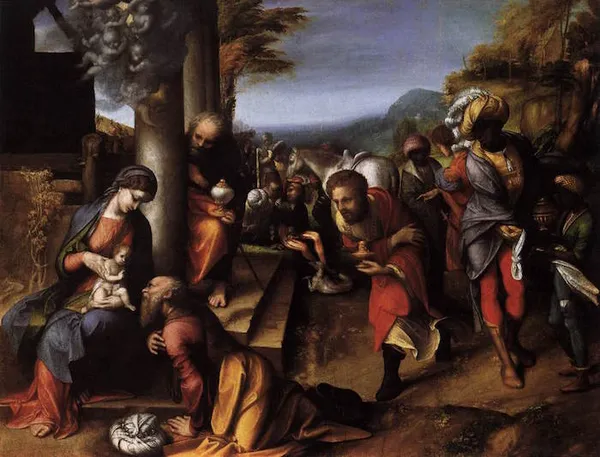 Correggio: Adoration of the Magi (c. 1515–1518). Oil on canvas; 84 cm × 108 cm (33 in × 43 in); Pinacoteca di Brera, Milan.