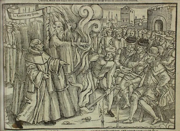 Thomas Cranmer's execution by burning in 1556, from John Foxe's Book of Martyrs (1563)
