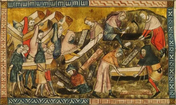 Miniature by Pierart dou Tielt illustrating the Tractatus quartus bu Gilles li Muisit (Tournai, c. 1353). The people of Tournai bury victims of the Black Death. ms. 13076 - 13077 fol. 24v. circa 1353