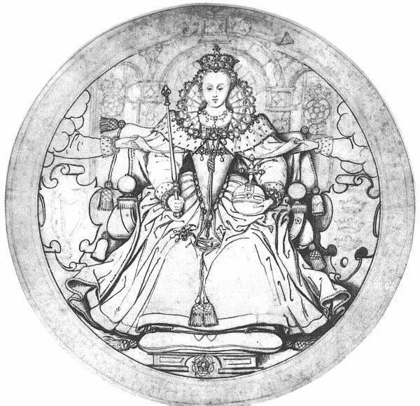 Nicholas Hilliard: Design for the obverse of a Great Seal for Ireland (never made) of Elizabeth I of England, pen and ink wash over pencil; (circa 1584) British Museum, London