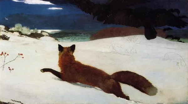 Winslow Homer: The Fox Hunt (1893); oil on canvas 96.5 cm (37.9 ″) x 174 cm (68.5 ″); Pennsylvania Academy of the Fine Arts