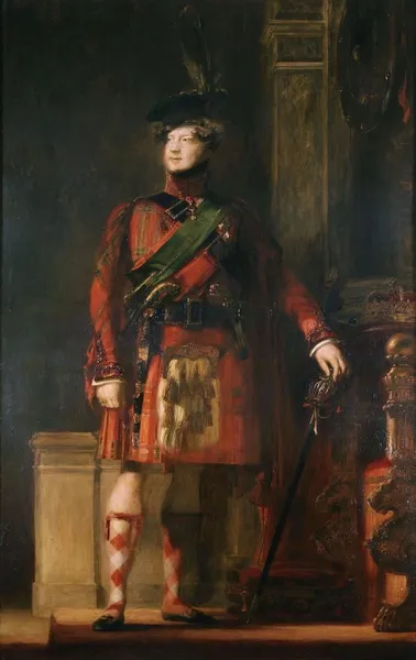 David Wilkie's flattering portrait of the kilted King George IV, with lighting chosen to tone down the brightness of his kilt and his knees shown bare, without the pink tights he actually wore at the event.