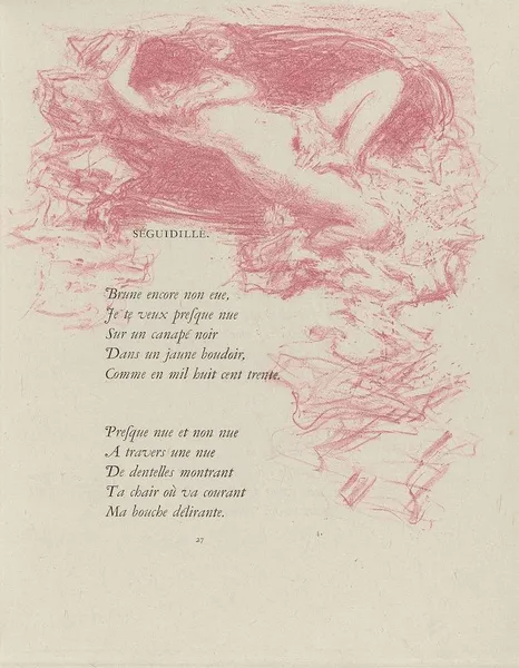 Paul Verlaine (author), lithography by Pierre Bonnard. "Séguidille", page 27. From Parallèlement, Paris: A. Vollard, 1900, by Paul Verlaine (1844-1896). Typ 915.00.8680, Houghton Library, Harvard University