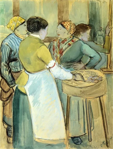 Camille Pissarro: Market at Pontoise (c.1880- c.1882) tempera on canvas; 62 x 46 cm., Private Collection
