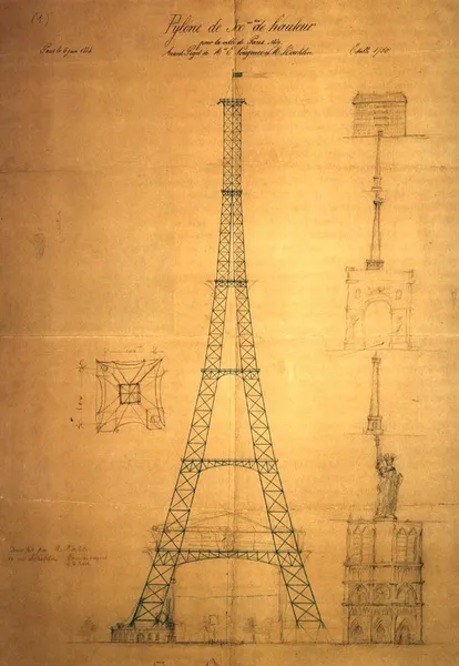 Maurice Koechlin's first drawing for the Eiffel Tower. Note the sketched stack of buildings, with Notre Dame at the bottom, indicating the scale of the proposed tower.